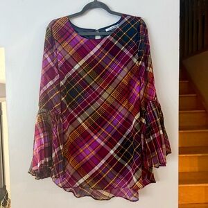 Peter Nygard Vibrant Lagenlook Plaid Bell Sleeve Blouse Hi-Low